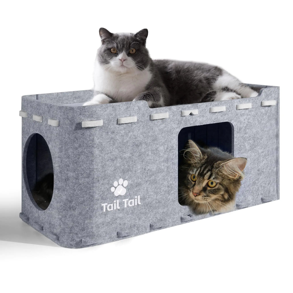 Tail Tail Cat Bed for Indoor Cats 2-Story Large Play and Sleep Cats House Scratch Resistant Peekaboo Cat Caves Cute Modern Cat Hideaway for Multiple Small Pets & Large Cats Grey